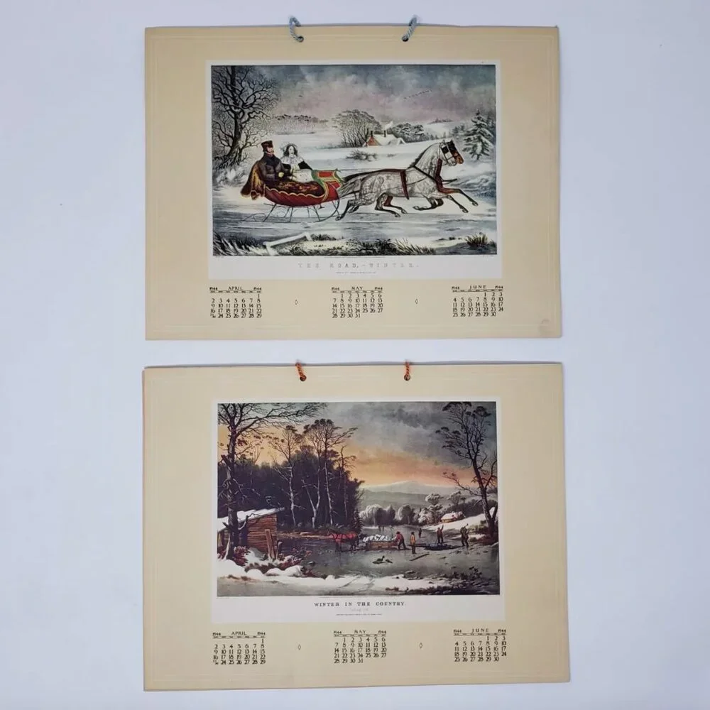2 VTG 1944 Currier & Ives Calendars Home To Thanksgiving, American Express Train